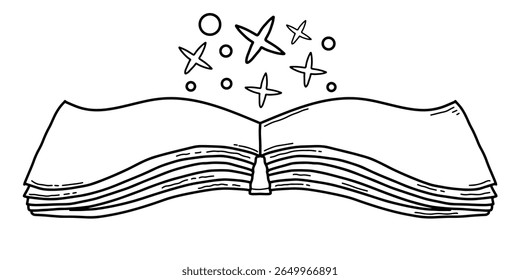 Magical open book with stars shining, hand drawn knowledge book icon. Outline image of open book line clipart symbol. Vector illustration