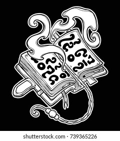 Magical open book. Vector illustration for coloring book, t-shirt design, tattoo.