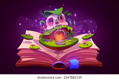 Magical open tale book with enchanted elf or animal dwelling emerging from pages. Floating islands with flowers surround glowing fairy house. Cartoon charming home for children literature stories.