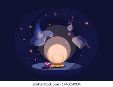 Magical oracle with levitating mystical objects on a starry background