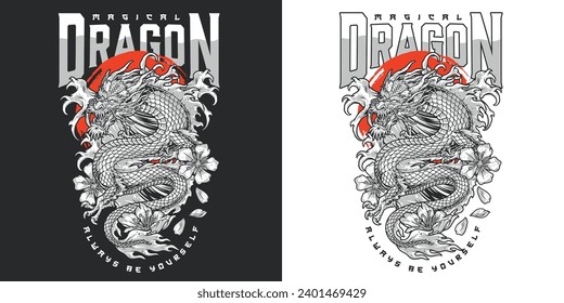 Magical oriental dragon colorful sticker with scaled lizard near red circle for stylish t-shirt design vector illustration