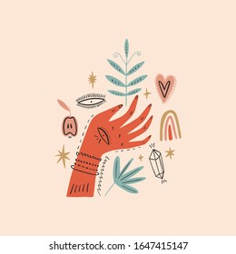 Magical ornate hand. Planet week art, Earth day. Save nature, green life concept. Vector Illustration. Clipart image
