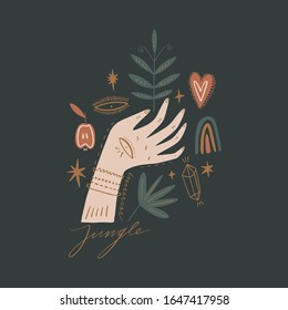 Magical ornate hand. Planet week art, Earth day. Save nature, green life concept. Vector Illustration. Clipart image