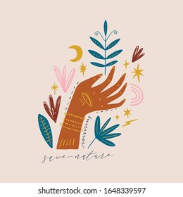 Magical ornate hand. Planet week art, Earth day. Save nature, green life concept. Vector Illustration. Clipart image