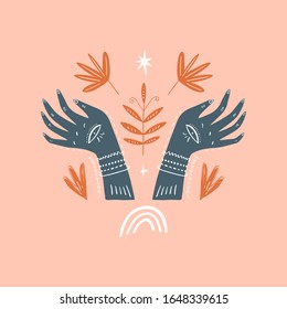 Magical ornate hands. Planet week art, Earth day. Save nature, green life concept. Vector Illustration. Clipart image