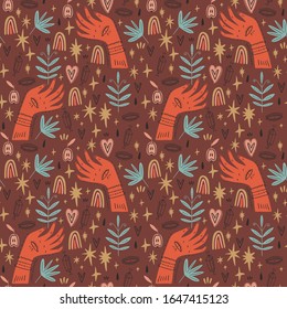 Magical ornate hands seamless pattern. Vector Illustration. Clipart image