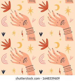 Magical ornate hands seamless pattern. Planet week art, Earth day. Save nature, green life concept. Vector Illustration. Clipart image