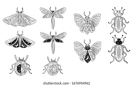 Magical Outline Illustration Of Moth, Dragonfly, Beetle, Bug. Mystical Clipart Of Insect For Logo, Print, Card, Textil Design