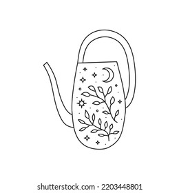 Magical outline watering can with crescent moon, leafy twigs and stars isolated on white background. Celestial boho illustration.