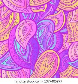 Magical paisley seamless pattern. Hand drawn vector illustration. Trendy magic print. gradient neon bright colors