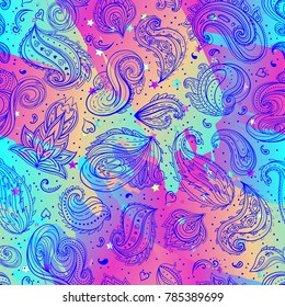 Magical paisley seamless pattern. Hand-drawn vector illustration. Trendy magic print, alchemy, mystery, divine goddess, spirituality, occultism. Rainbow colors.