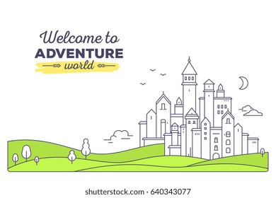 Magical palace with tree, cloud on white background with green field and title. Vector template with illustration of landscape. Thin line art design for web, site, advertising, horizontal banner