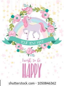 Magical Party Card With Unicorn And Rainbow. Birthday Greeting Or Invitation Poster. Vector Illustration