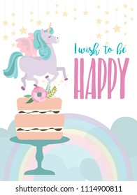 Magical party card with unicorn and rainbow. Birthday greeting or invitation poster. Vector illustration