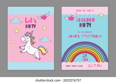 Magische Party Einladung Design-Vorlage. Cartoon süße Pony unicorn Reiten im Himmel zwischen Sternen und Wolken. Das Beste für Partydesigns. Vektorgrafik.