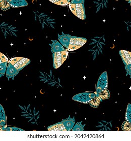 Magical pattern with butterflies and herbs. Contemporary composition. Trendy texture for print, textile, packaging.