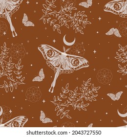 Magical pattern with butterflies and herbs. Ethnic moon seamless pattern. Bohemian fabric design. Contemporary composition. 