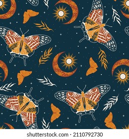 Magical pattern with butterflies and herbs. Ethnic moon seamless pattern. Bohemian fabric design. Contemporary composition.