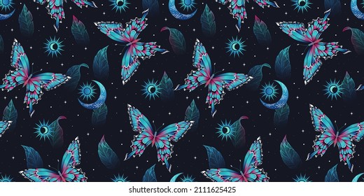 Magical pattern with butterflies and herbs. Ethnic moon seamless pattern. Bohemian fabric design. Contemporary composition.