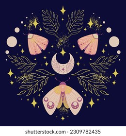 Magical pattern of butterflies night moths and twigs, crescent, stars and fairy dust on dark background. Vector symmetric celestial boho print