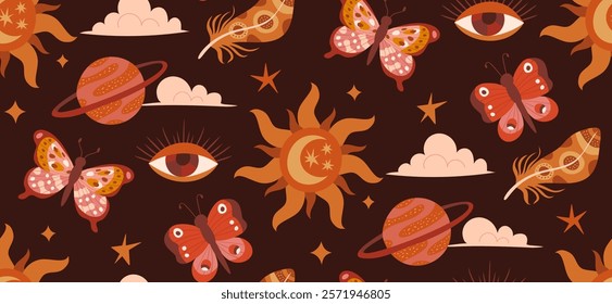 Magical pattern with sun, butterflies, eyes and planets