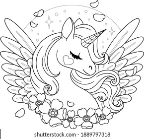 Magical pegasus with anemones. Vector outline for coloring page