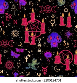 Magical pentagrams and symbols. Ritual candles and animals. Seamless pattern