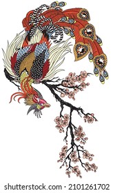 a magical phoenix sitting on a blossom sakura branch. Chinese mythological bird Feng Huang. One of celestial Feng shui creatures. Vector illustration 