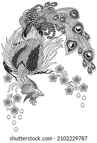 a magical phoenix sitting on a blossom sakura branch. Chinese mythological bird Feng Huang. One of celestial Feng shui creatures. Black and white vector illustration