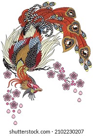 a magical phoenix sitting on a blossom sakura branch. Chinese mythological bird Feng Huang. One of celestial Feng shui creatures. Vector illustration 