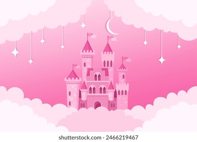 A magical pink castle in the clouds against a background of stars and the moon. Vector flat illustration.