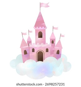 Magical pink castle floating in the clouds. Watercolor illustration perfect for children’s decor and designs.