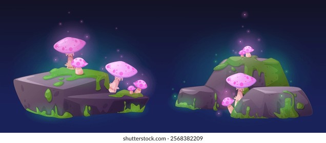 Magical pink glowing mushrooms on mossy stone platforms in swamp environment - mystical scene with sparkling particles on dark blue background. Fantasy game locations or enchanted forest scenery.