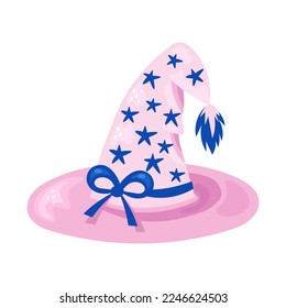 Magical pink hat with stars and ribbon. Cute magical vector illustration. Cartoon cap for witch, wizard, fairy, decorated with stars and dots.