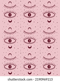 Magical pink illustration. Eyes with moon on the light pink background. Vector art