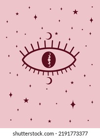 Magical pink illustration. Eyes with moon on the light pink background. Vector art