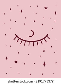 Magical pink illustration. Eyes with moon on the light pink background. Vector art