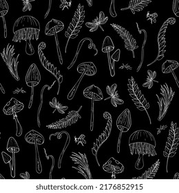 magical plants and mushrooms seamless pattern. Natural background for fairies, witches