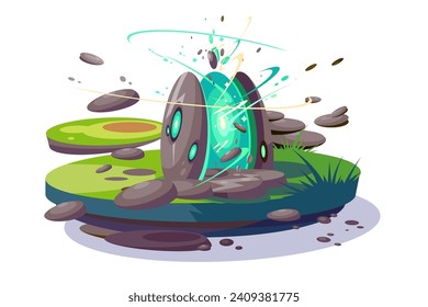 Magical Portal Amidst Stones, vector illustration. Scene depicts a magical portal on a grassy patch, emitting bright teal light and energy.