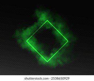 A magical portal in fantasy style. Square light frame with blue smoke and dust, futuristic teleporter. Green neon lights illuminate night scene on transparent background. Light effect

