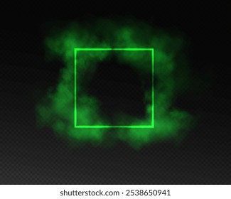 A magical portal in fantasy style. Square light frame with blue smoke and dust, futuristic teleporter. Green neon lights illuminate night scene on transparent background. Light effect
