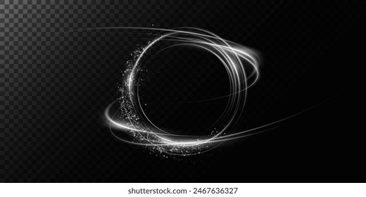 A magical portals on the night scene.  White round holograms with beams of light and sparks. Glowing futuristic teleportation tunnel with a copy of space on a black background.	