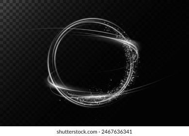 A magical portals on the night scene.  White round holograms with beams of light and sparks. Glowing futuristic teleportation tunnel with a copy of space on a black background.	