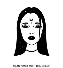 Magical portrait of a girl moon with stars in her hair. Ocultism, mysticism and religion. Vector illustration isolated on white background template for flash tattoo, sticker, print