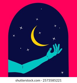 Magical poster with aesthetic male hand on a dark background. Stars and moon, vivid colors, minimalistic style.