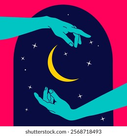 Magical poster with aesthetic male hands. Stars and moon, vivid colors, minimalistic retroactive style.