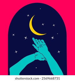 Magical poster with aesthetic male hands. Stars and moon, vivid colors, minimalistic style.