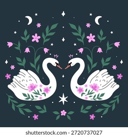 A magical poster featuring symmetrically arranged swans. Vector graphics.