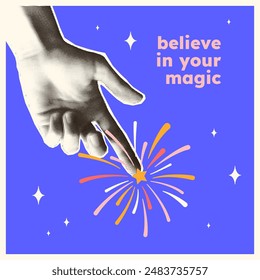 Magical poster with a halftone style hand and fireworks. Touch of magic. Vector illustration of a festive poster. Design for a postcard, greeting, banner, social media