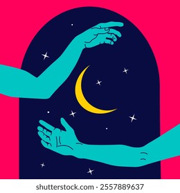 Magical poster with male hands. Stars and moon, vivid colors, minimalistic retroactive style.